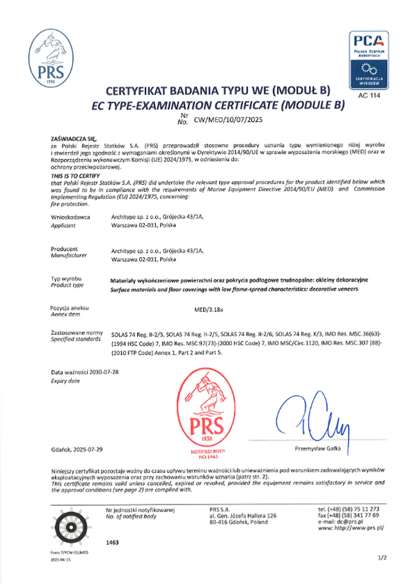 GRANDEX. EU Certifikat pregleda tipa (Modul B) MED/3.18a - Ukrasni furniri